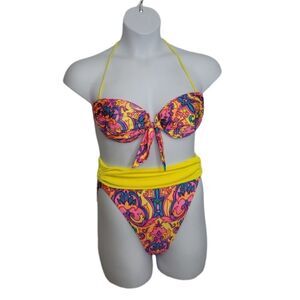 VINTAGE 80s bikini high waist high‎ cut removable strap tie top neon M/L